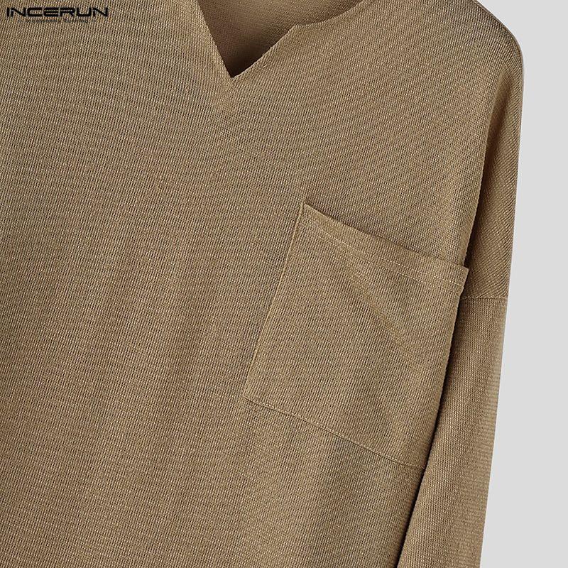 INCERUN Oversized Autumn Spring Men Casual Long Sleeve Texture T-shirts Tops