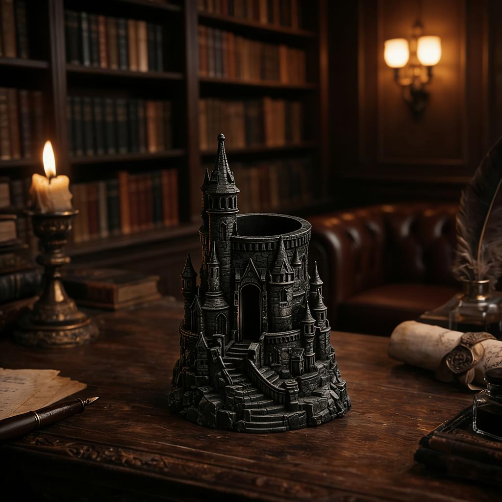 1-Piece Dark Castle-Shaped Pen Holder 3D Printed Vintage Architectural Pen Container Desk Organizer Decoration Student Designer Gift Ma