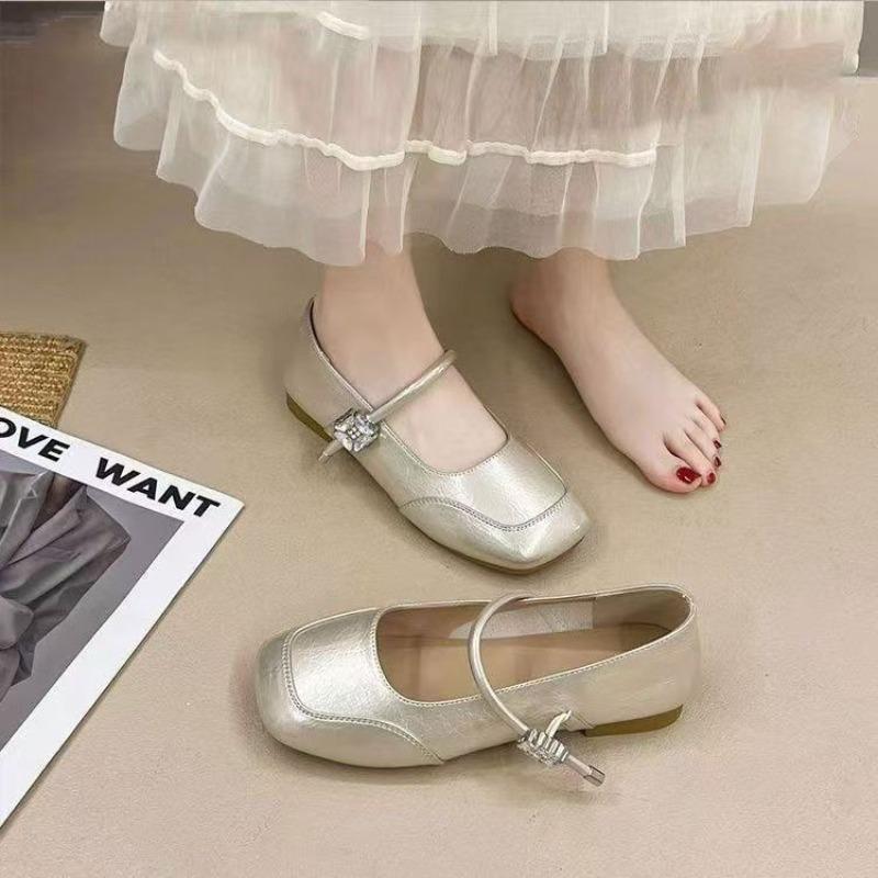 Retro Mary Jane shoes women's spring and autumn new versatile single shoes light mouth silver small leather shoes Doudou shoes
