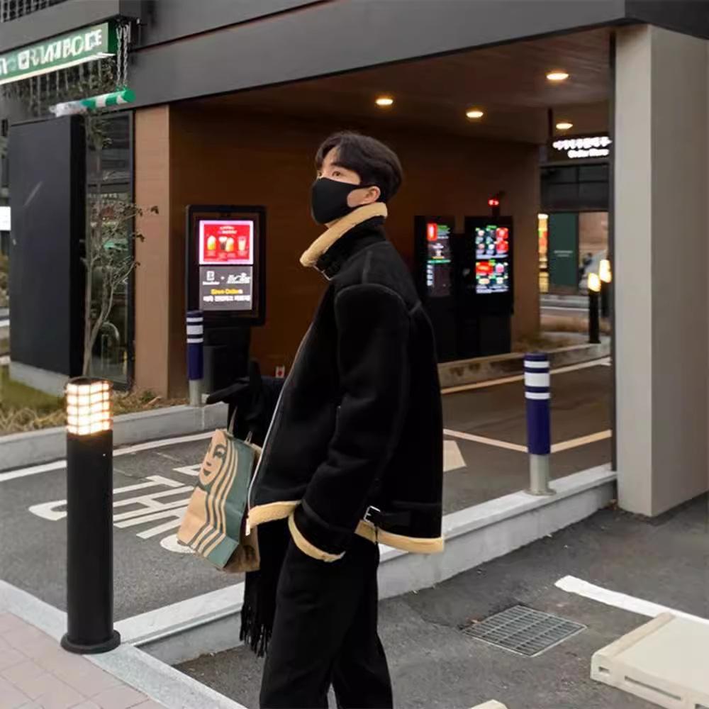 Lamb Wool Collar Coat Men's Winter Retro Motorcycle Cotton-padded Jacket Padded Suede Cotton-padded Jacket