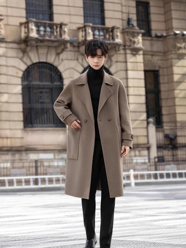 Men's Double-Sided Wool Blend Mid-Length Coat: Thickened Korean-Style Windbreaker for Autumn and Winter.