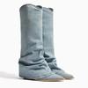 Pleats Blue Denim Thigh High Boots for Women 2025 Autumn Thick Heeled Pointed Toe Cowboy Boots Woman Slip On Western Long Boots