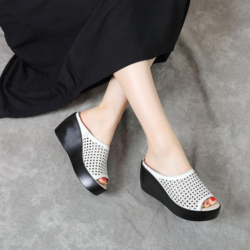 Soft cowhide wedge slippers women's thick-bottomed waterproof table summer new wear high-heeled fish mouth hollow sandals women