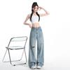 Retro Ripped Beaded Jeans for Women's New Summer High Waist Loose Straight Design To Make Them Look Slim and Mop