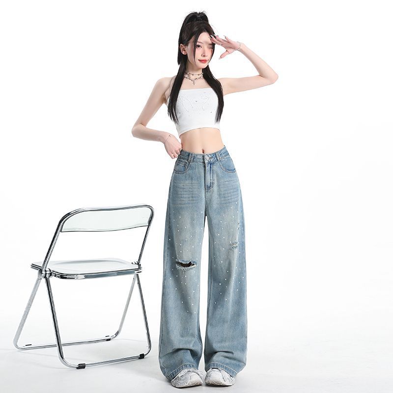Retro Ripped Beaded Jeans for Women's New Summer High Waist Loose Straight Design To Make Them Look Slim and Mop