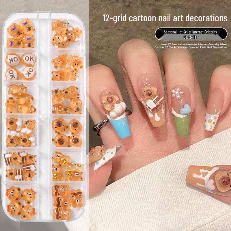 

12-Grid Cute Bear and Capybara Resin Nail Art Decorations