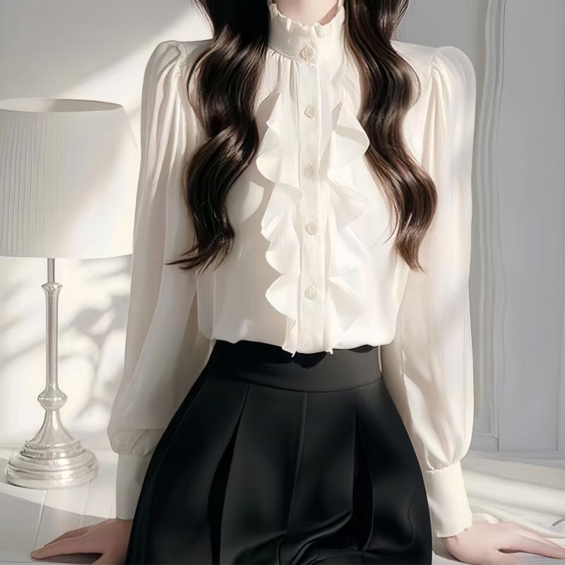 Elegant French Chic Lace Patchwork Long Sleeve Blouse - Socialite Style for Early Spring