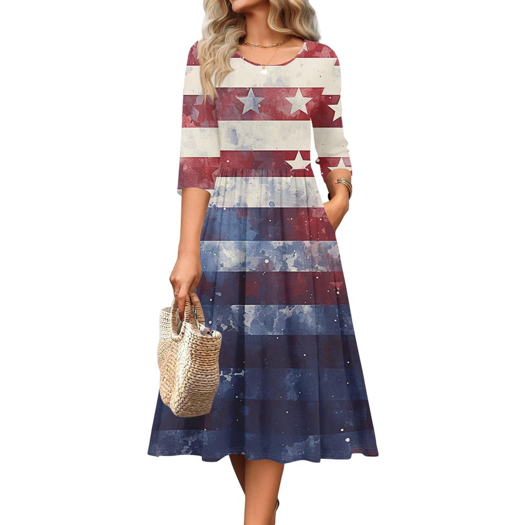 Women's Casual Round Neck Midi Dress Three Quarter Sleeve Waist Cinched Independent Day Style Spring Autumn Dress