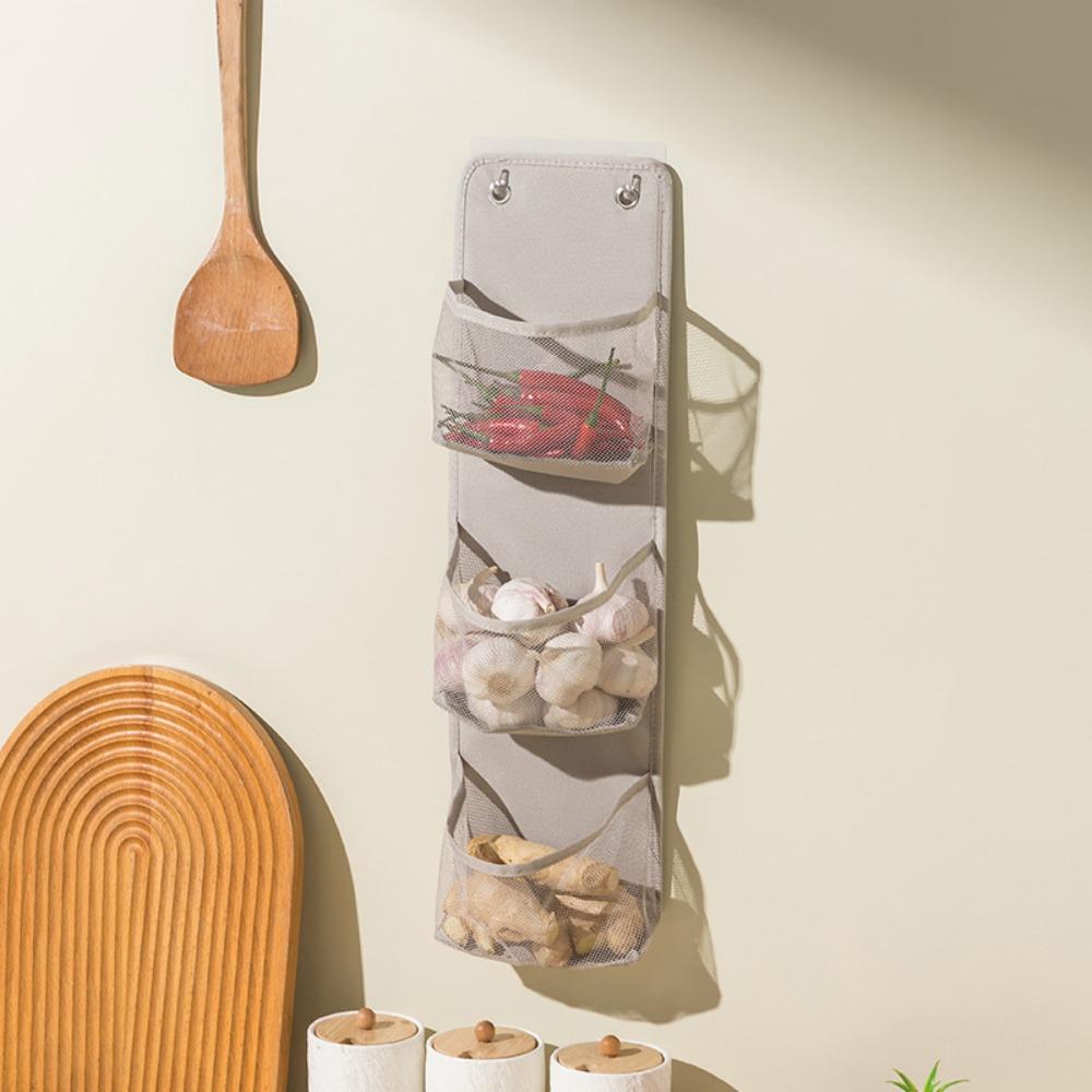 Large Capacity Wall Mounted Basket Space Saving Seasoning Sorting Bag  Ginger Garlic 3 Layer Grey
