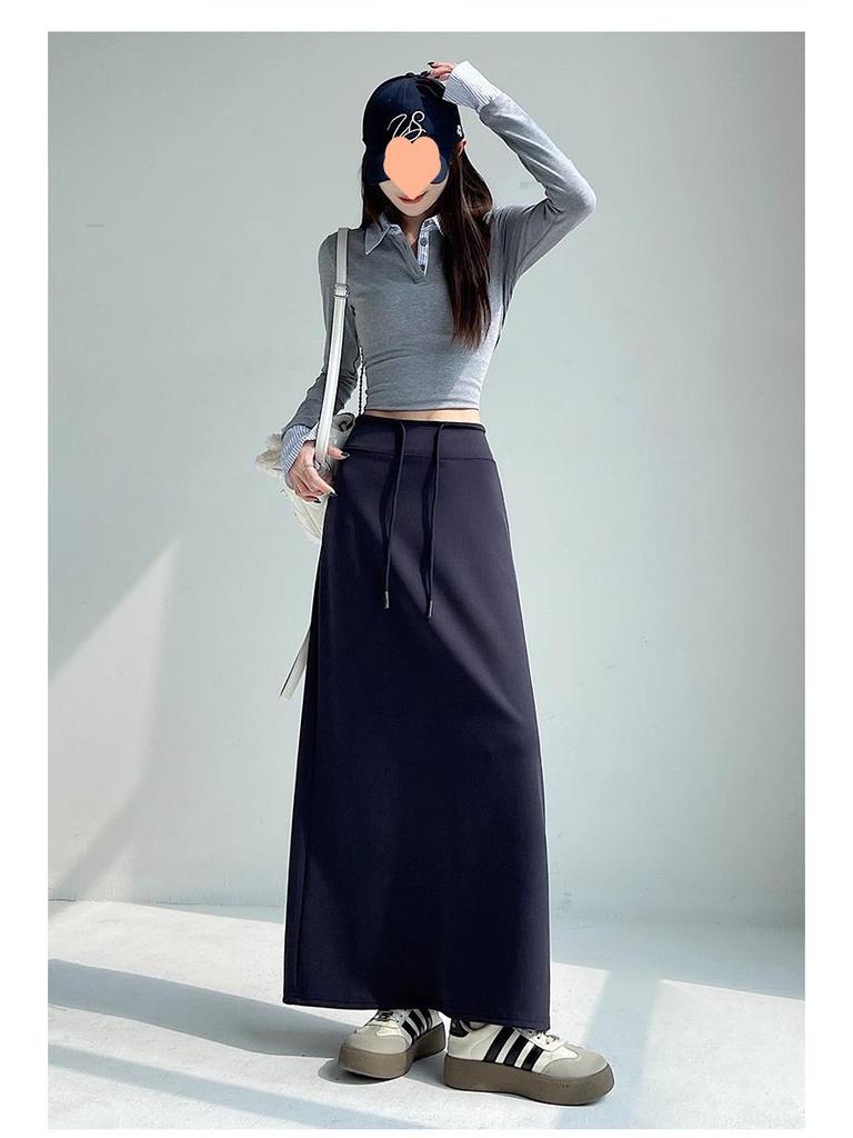 Women's Grey High-Waisted Drawstring Sports Skirt: 2025 Autumn/Winter Casual Loose Straight-Leg Half-Length.