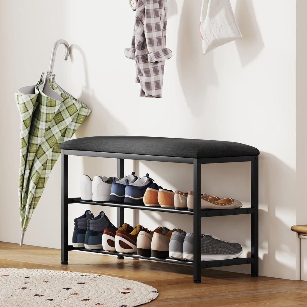 Schoenenbank met zitvlak, bank met opbergruimte, schoenenrek met 2 open vakken, bank 81 x 31 x 50 cm zwart