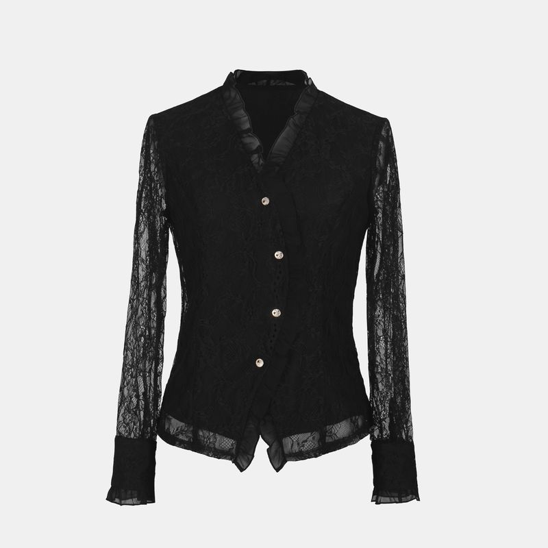 

Blue Rose Plus Size Women s Clothing Lace Long Sleeves V-neck Shirt Waist-Tight Slimming and Fashionable Elegant Stringy Selvedge Shirt Spring White XL