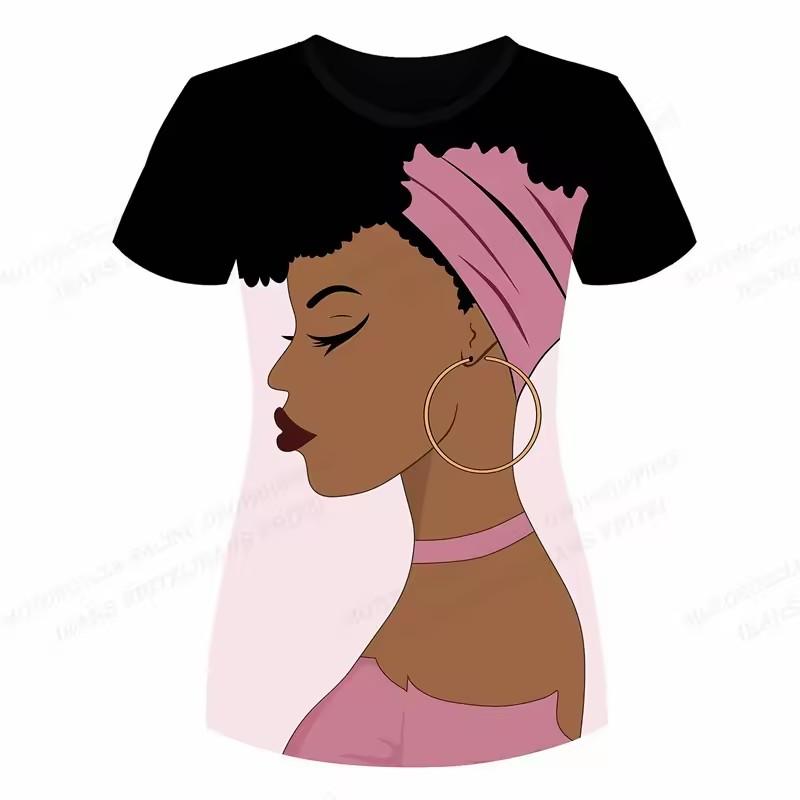 Melanin Girl Natural Hair Pattern T-shirt, women's T-shirt, African casual short-sleeved round-neck top T-shirt