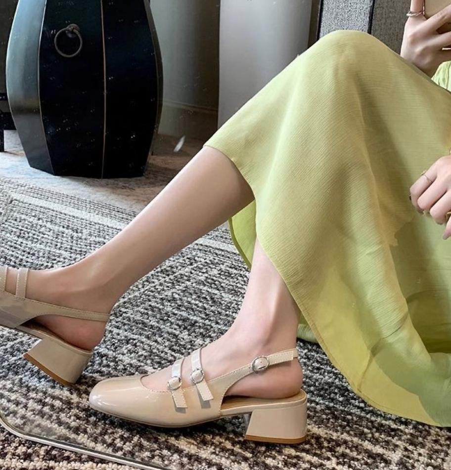 French Vintage Pump Women's Double Buckle Strap Back Open Sandal Summer New Fashion Women Chunky Heels Mary Jane Single Shoes