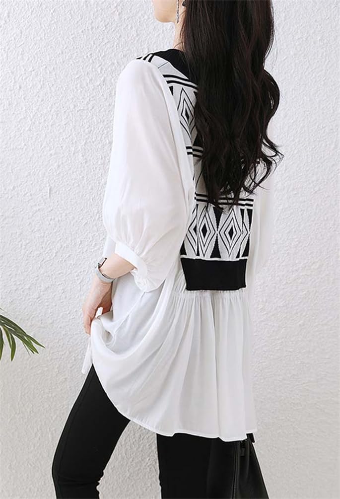 [ZHENGTU] Women's Blouse Top – V-Neck, 3/4 Sleeve, Layered Summer Shirt, White, Size XL