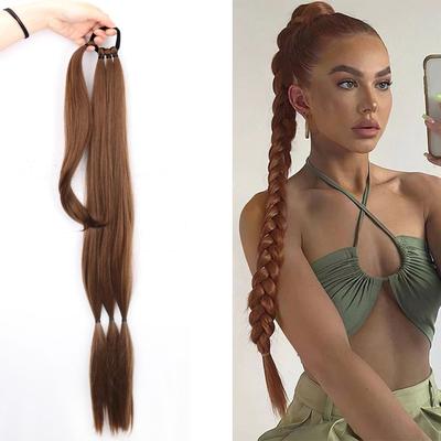 Synthetic Long Braided Ponytail Hair Extensions Natural Brown Ponytail With Elastic Band Wig For Women Daily Wear