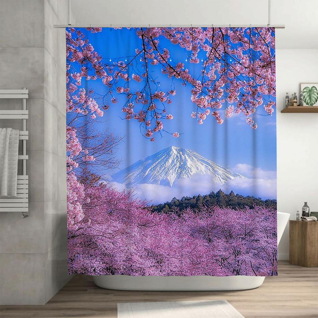 Cherry Blossoms and Mount Fuji Waterproof Shower Curtain Heat Resistant Machine Washable Non-Transparent 180x180cm