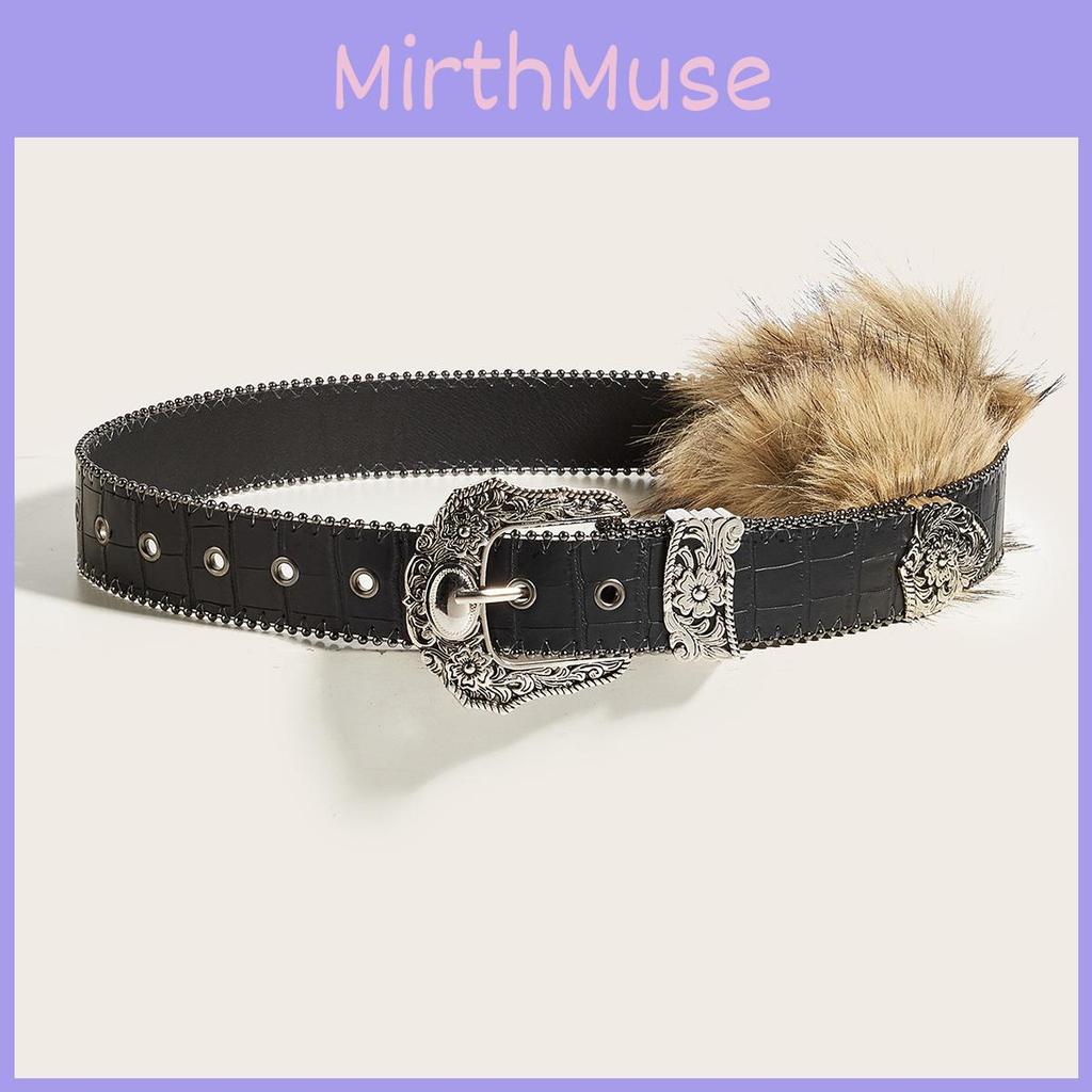 Pu Leather Wide Belt With Metallic Buckle And Plush Design For Fashionable Women Fall Style