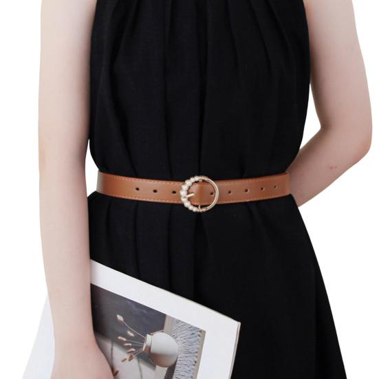 Imitation Leather Women Belt Faux Pearls Pin Buckle Adjustable Holes Design Waistband Versatile Fashion