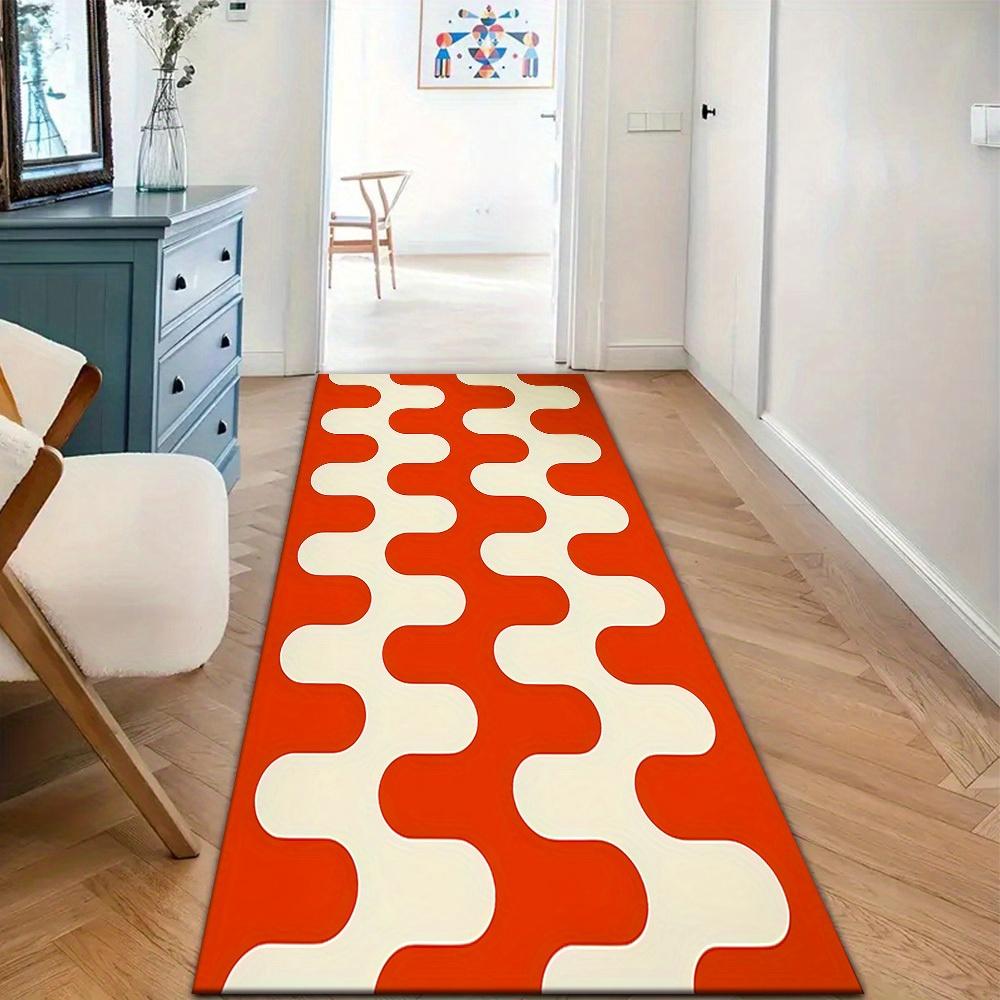 Retro Orange & White Wavy Geometric Print Runner Rug, Non-Slip Washable Durable Mat for Entryway, Hallway, Bedroom & Home Decor