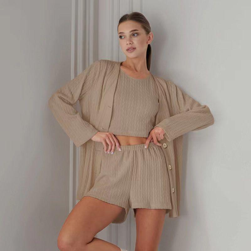 Fashion Pure Color Vest Long Sleeves Tops Shorts Three-Piece Homewear Fashion Three Piece Set
