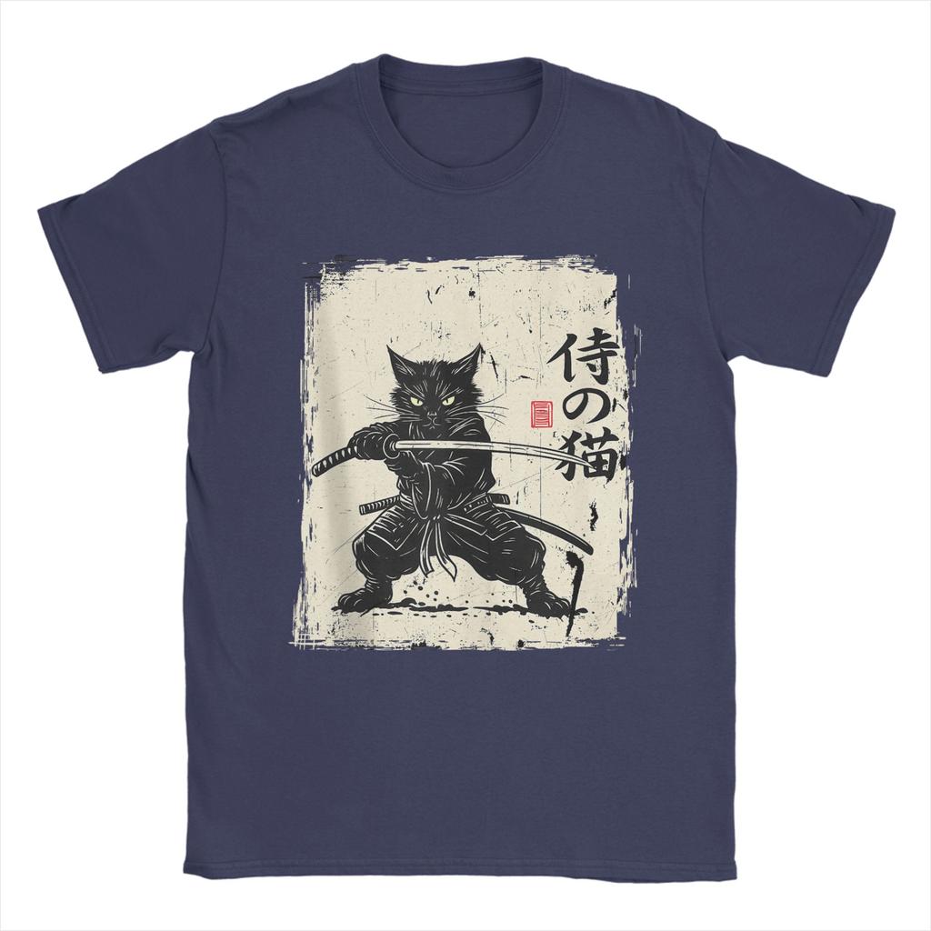 Vintage Anime Cat Japanese Art Funny Samurai Cat T Shirts Unisexs Cotton Vintage TShirt Round Neck Tees Short Sleeve Tops 5XL 6XL