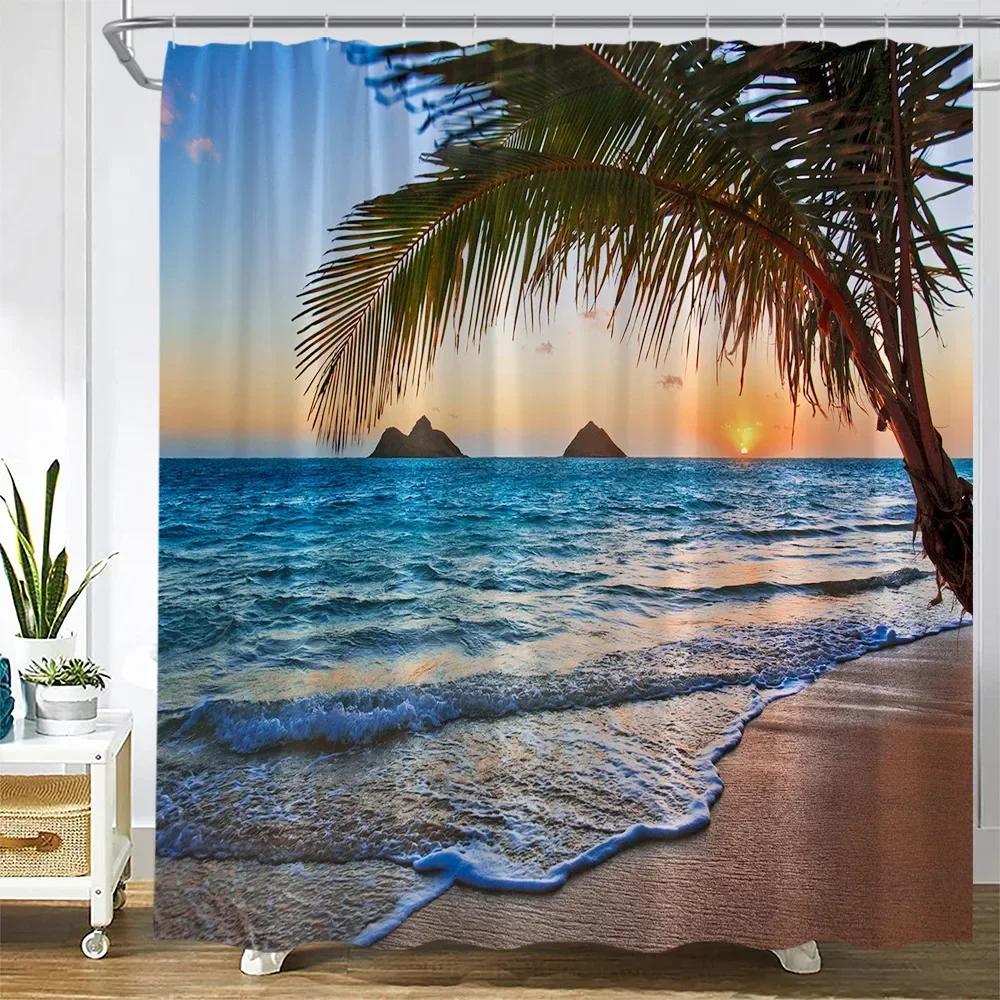 Dusk Sunset Beach Shower Curtains Tropical Ocean Palm Tree Forest Waterfall Nature Scenery Cloth Home Decor Bathroom Curtain Set
