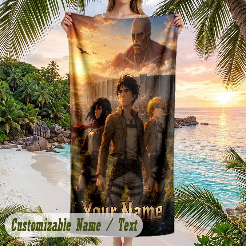 Attack on Titan Beach Towel, Personalized Custom Name Text, Quick Dry Large Absorbent Towel For Beach Pool