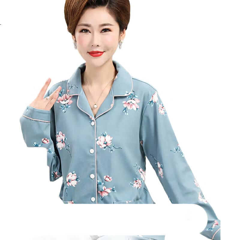 XUEXIMAN Middle-Aged And Elderly Women's Pajamas, Spring And Summer Cotton Blue Printed Loose-Fitting Plus-Size Casual Elderly Home Wear Set
