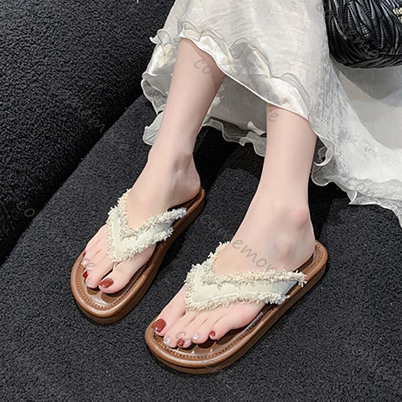 Fashion Comemore Summer Women Flip Flops Fashion Versatile Tassel Thick Bottom Beach Sandals Slides Casual Flat Indoor Outside Shoes
