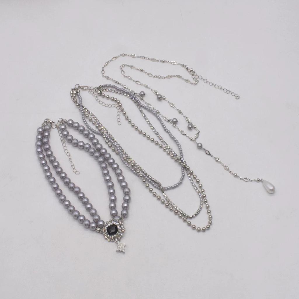 Graue Perle Mehrschichtige Fransenkette, Weibliche Nische High-End Diamantenbesetzte Wassertropfen Gestapelte Pulloverkette