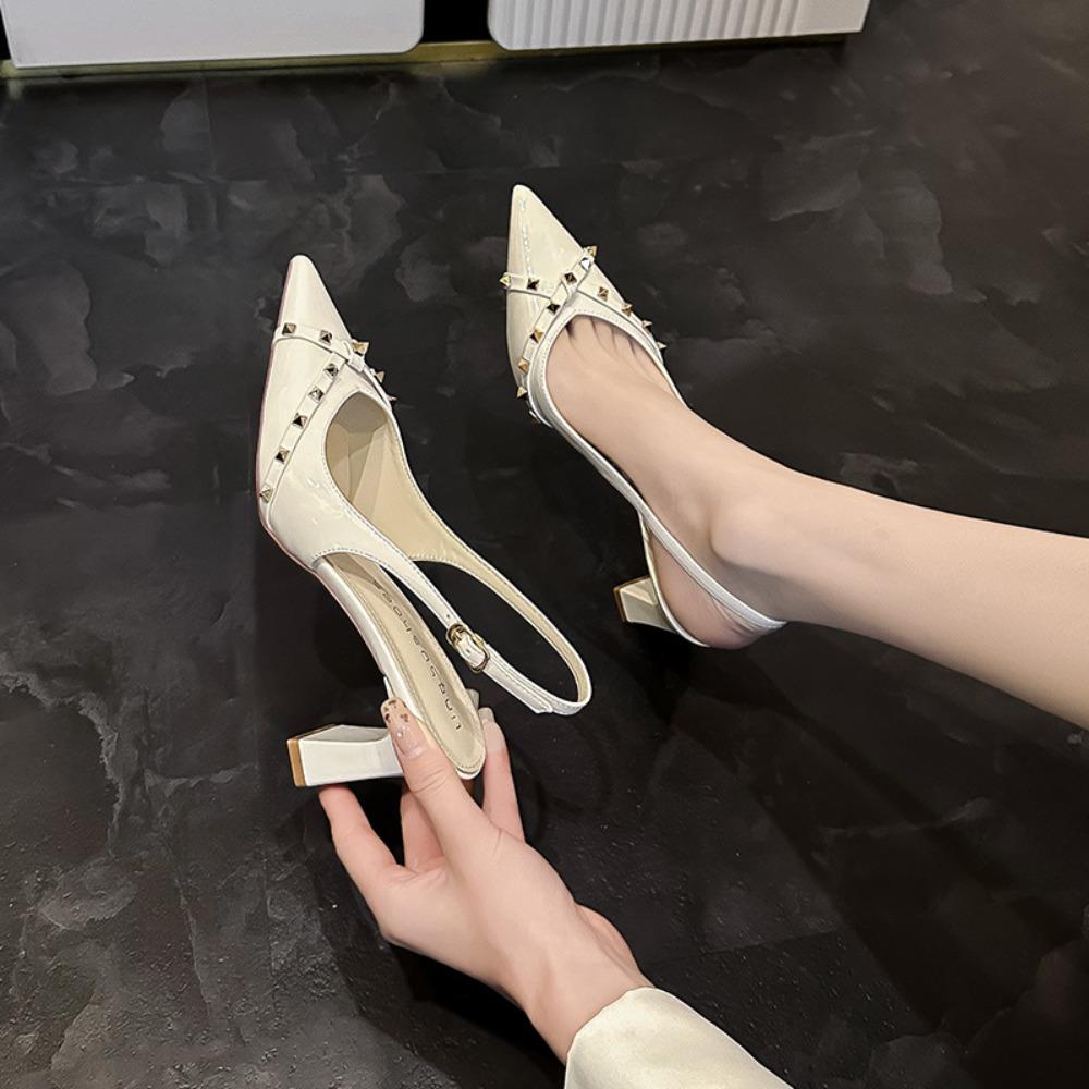 High Heels Women's Rivet Sandals French Temperament Back Empty Thick Heel Sandals Women High Heeled Sandals