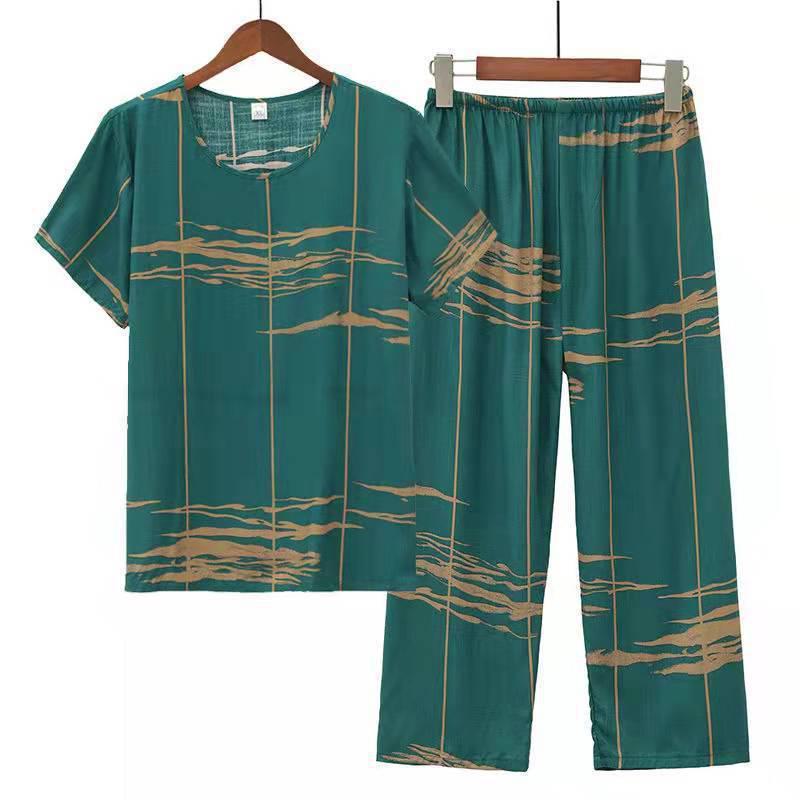 Women's Summer Short-Sleeve Cotton Silk Pajama Set - Lightweight, Two-Piece Loungewear for Outdoor and Indoor Use