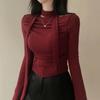 Women's Fall Korean-Style Slim-Fit, Slimming, Sexy Off-the-Shoulder Long-Sleeve T-Shirt: Solid-Color, Cropped, Pleated Top