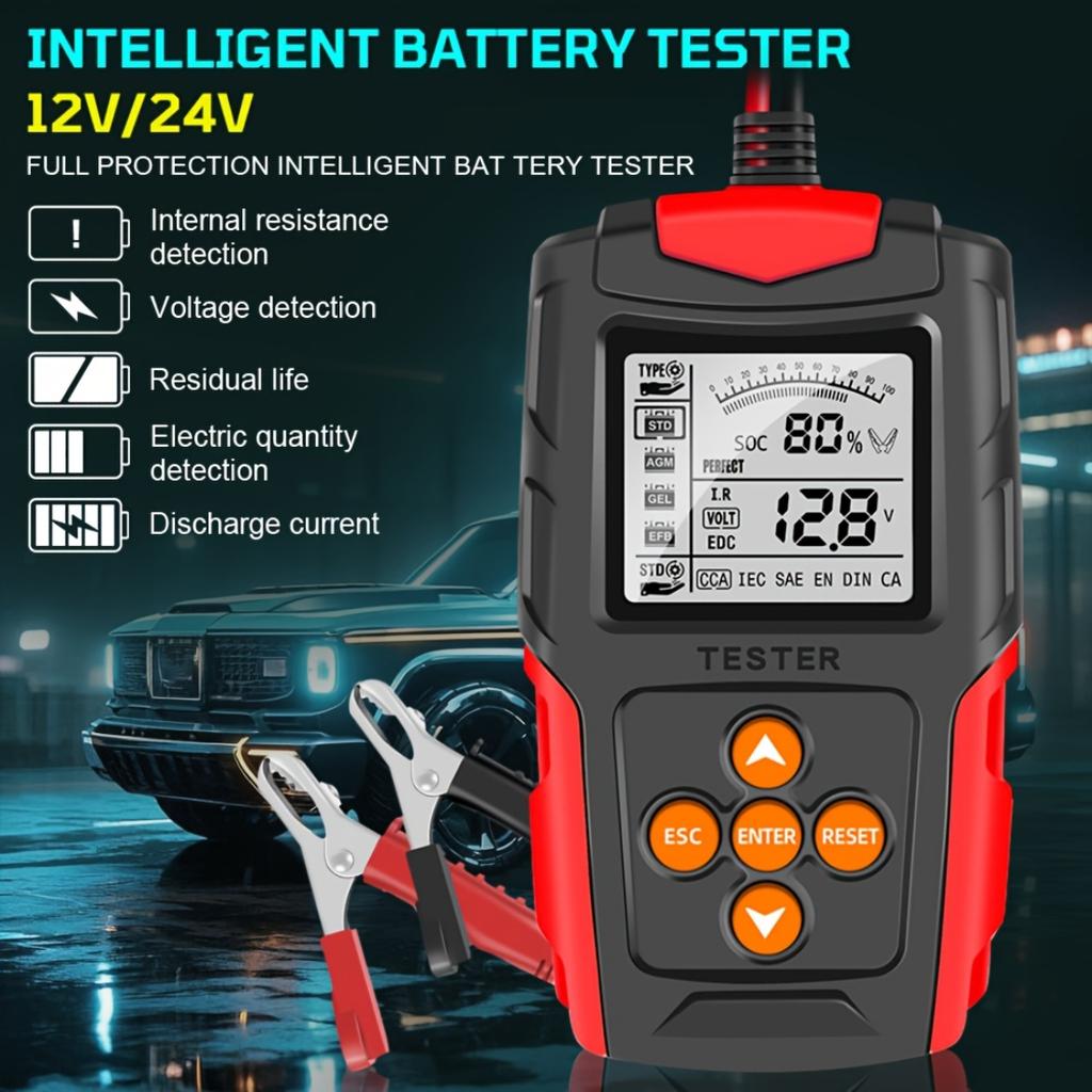 Auto- und Motorrad-Batterietester, 12V 24V Digitaler Analyzer, Misst SOH, SOC, CCA und IR, Batterietestwerkzeug für Auto, LKW und Motorrad