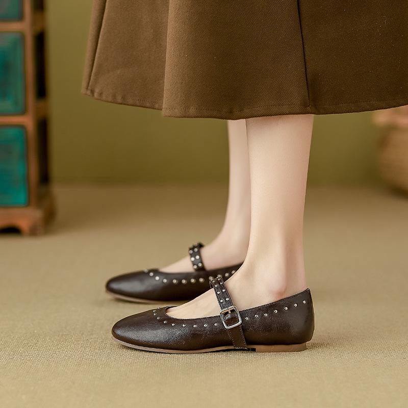 Fashion Rivet Buckle Strap Ballets Shoes Ladies Solid PU Leather Flats Woman Soft Bottom Mary Janes Femme Stud Mocassines Barefoot Shoes