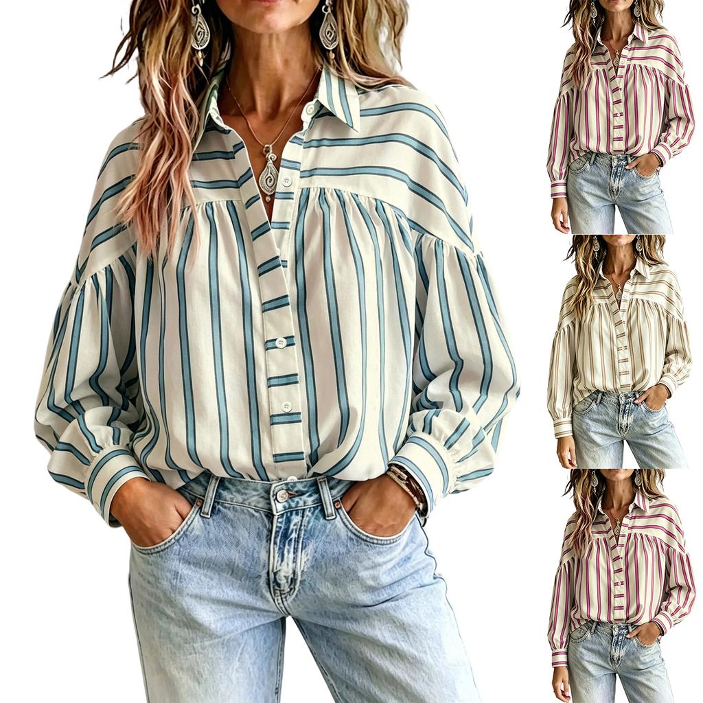 Women's Vintage Striped Button Down Shirt Long Sleeve Loose Fit Collared Top Casual Blouse for Everyday Wear