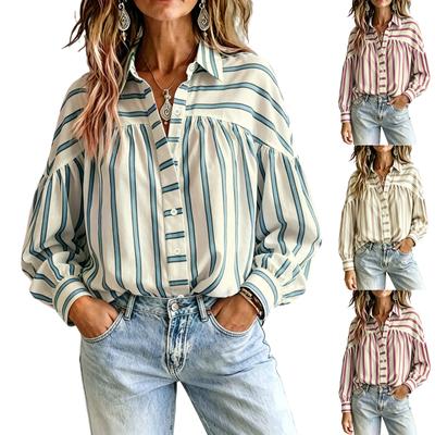 Damen Vintage Gestreiftes Button-Down-Hemd Langarm Lockerer Schnitt Mit Kragen Oberteil Lässige Bluse für den Alltag