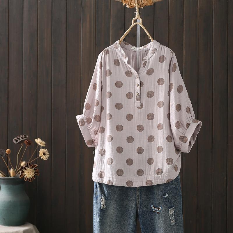 Autumn Double-layer Cotton Yarn Blouses & Shirts Printed Plus Size Shirt Loose Five Quarter Sleeve Stand Up Collar Top Cotton Yarn Shirt