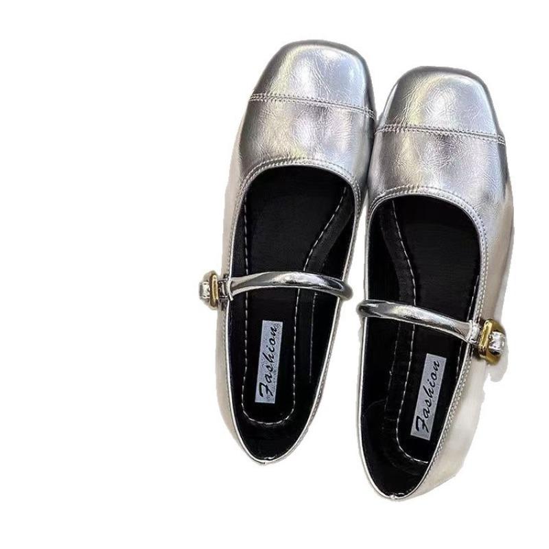 Silver Mary Jane Light Mouth Single Shoes Women's Autumn New Square Head Soft Sole Beanie Shoes