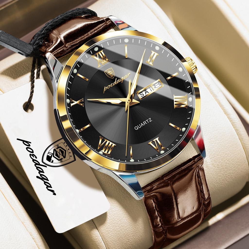 POEDAGAR Top High Quality Man Clock Leather Date Week Quartz Fashion Men Watch Waterproof Luminous Business Casual Men's Watches