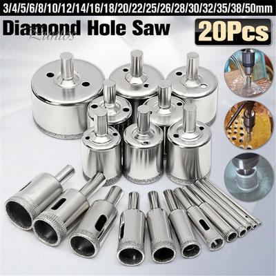 20Pcs 3-50mm Diamond Drill Bits Set Glass Marble Granite Hole Saw Cutter Tool