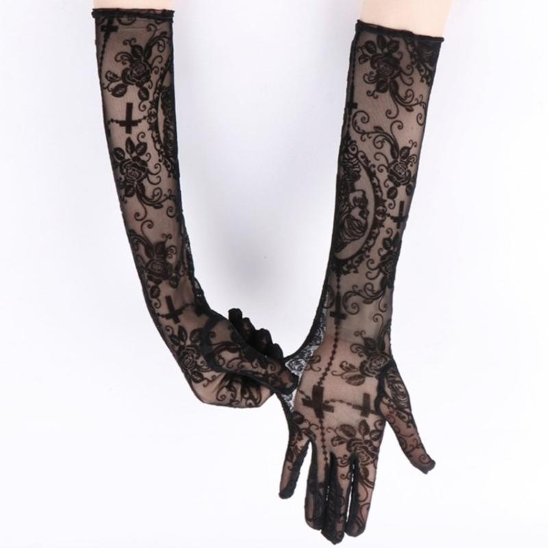Lace Gloves Skeleton Crosses Design Role Playing Glove For Halloween Costume Parties And Gothic Fashion Accessories