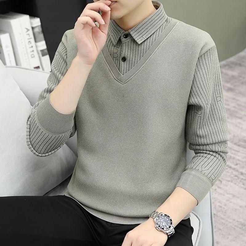 Men's Clothing Polo-Neck Pullovers Men Button Knitted Business Casual Sweater Autumn Winter Striped Patchwork Basic Fashion Sweaters
