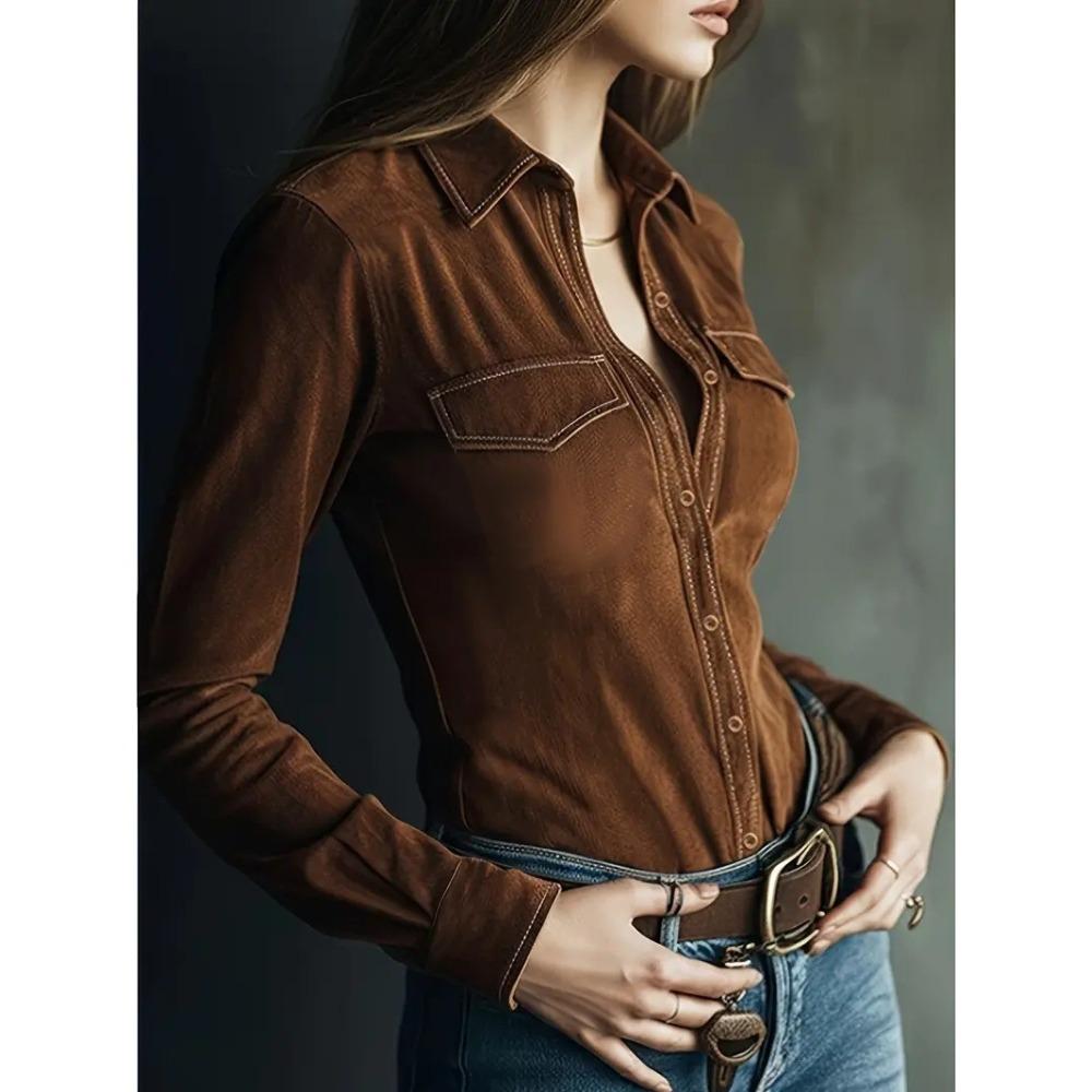 New Long-sleeved Deer Suede Shirt – Women’s Fitted Casual Shirt with Pockets