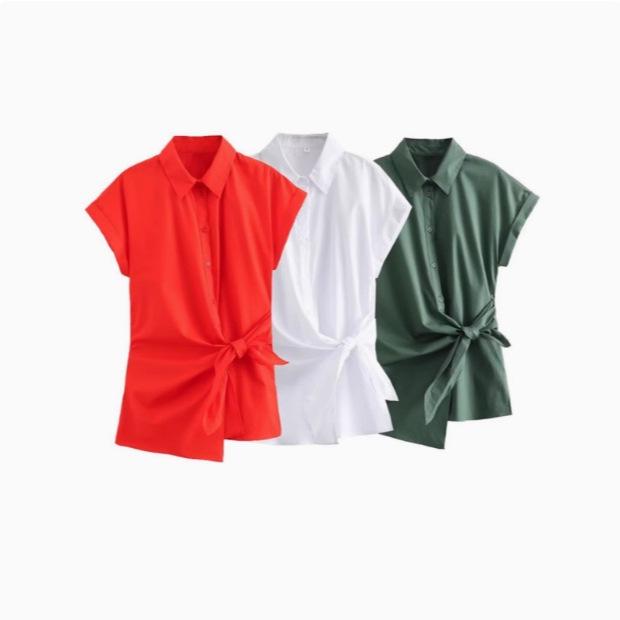 2025 Spring Women's European and American Fashion Bow Short Sleeve Poplin Shirt