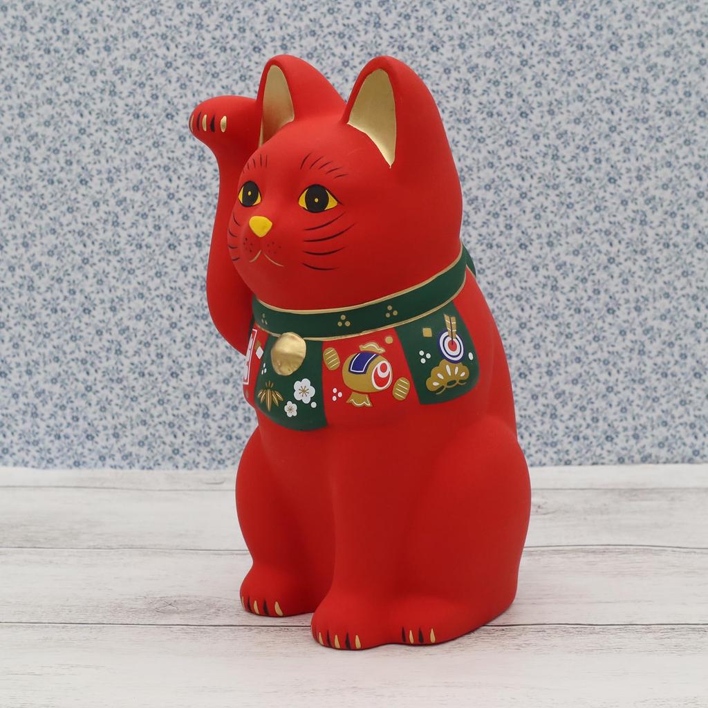 Yakushigama Maneki Neko Fukuzukushi Lykke (Rød, Stor) (med klistremerke)