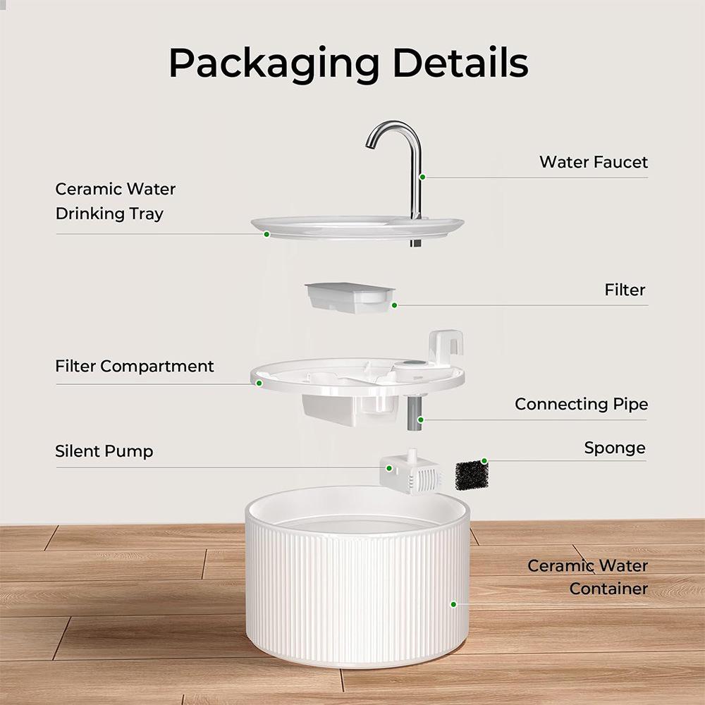 Ceramic Cat Water Fountain, 2.2L Automatic Dispenser with Filter & Silent Sensor Feeder