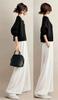 [YUANYUAN] Women's 2-Piece Set: Short Jacket & Wide Pants, Pantsuit, Summer Outfit, Round Neck, Long Sleeves, Single Button, Casual, Relaxed Fit, Figu