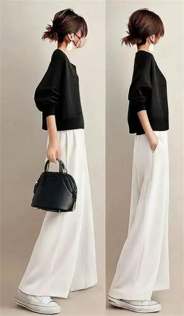 [YUANYUAN] Women's 2-Piece Set: Short Jacket & Wide Pants, Pantsuit, Summer Outfit, Round Neck, Long Sleeves, Single Button, Casual, Relaxed Fit, Figu